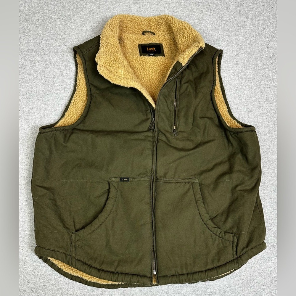 Lee Sherpa Lined Vest Mens Large Green Outdoor Workwear Zip‎ Pockets Heavyweight